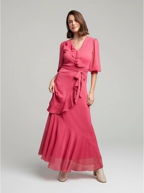 Pink Ruffle Wrap Tie Waist Maxi Dress